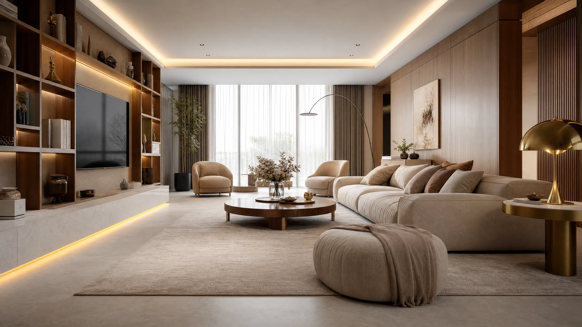 Sunlit contemporary living room with natural materials and considered furnishings