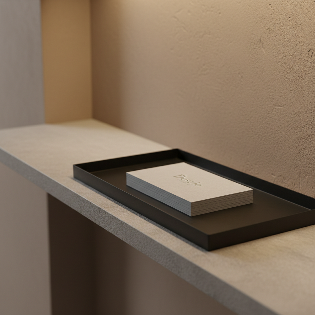 A refined, minimalist lead capture vignette featuring a seamless matte black metal tray on a delicate stone console table, holding a stack of textured pale gray cards embossed with the Deszio Studio logo in subtle gloss. The tray is positioned in a tranquil entry foyer with soft textured plaster walls in a warm taupe, illuminated by diffused warm indirect light from concealed uplighting, creating gentle shadows and a calm, sophisticated ambiance. The image is photographed from a close-up, slightly off-center perspective with shallow depth of field, imparting a tactile yet luxe minimalist feel, perfect for illustrating the site’s consultation sign-up section.