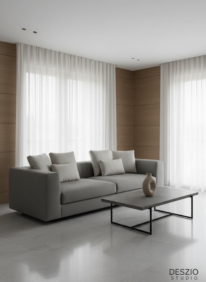 A meticulously arranged modern living room interior featuring a low-profile matte stone-gray sofa with plush, minimalist cushions and a slender black metal coffee table topped with a single sculptural ceramic vase. Positioned in a bright, open-plan space framed by floor-to-ceiling windows dressed in sheer linen drapes, the setting is accented by subtle oak wood paneling and a seamless marble floor. Soft diffused daylight pours in, casting delicate gradients across muted surfaces and creating understated highlights. The atmosphere is serene and sophisticated, exuding a calm, inviting mood. Captured from an eye-level perspective with balanced composition and a shallow depth of field, the image embraces a photographic realism with minimalist elegance to showcase luxury interior design for Deszio Studio’s homepage hero section.