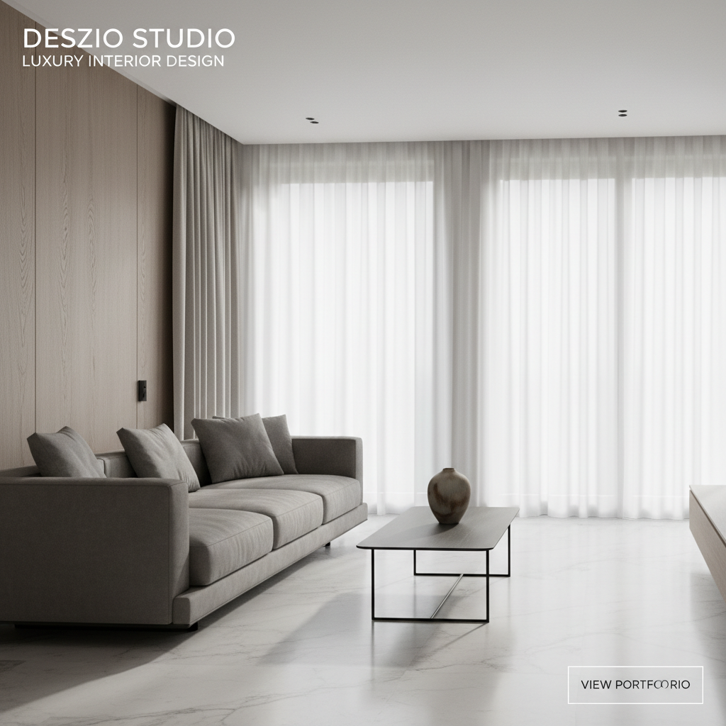A meticulously arranged modern living room interior featuring a low-profile matte stone-gray sofa with plush, minimalist cushions and a slender black metal coffee table topped with a single sculptural ceramic vase. Positioned in a bright, open-plan space framed by floor-to-ceiling windows dressed in sheer linen drapes, the setting is accented by subtle oak wood paneling and a seamless marble floor. Soft diffused daylight pours in, casting delicate gradients across muted surfaces and creating understated highlights. The atmosphere is serene and sophisticated, exuding a calm, inviting mood. Captured from an eye-level perspective with balanced composition and a shallow depth of field, the image embraces a photographic realism with minimalist elegance to showcase luxury interior design for Deszio Studio’s homepage hero section.