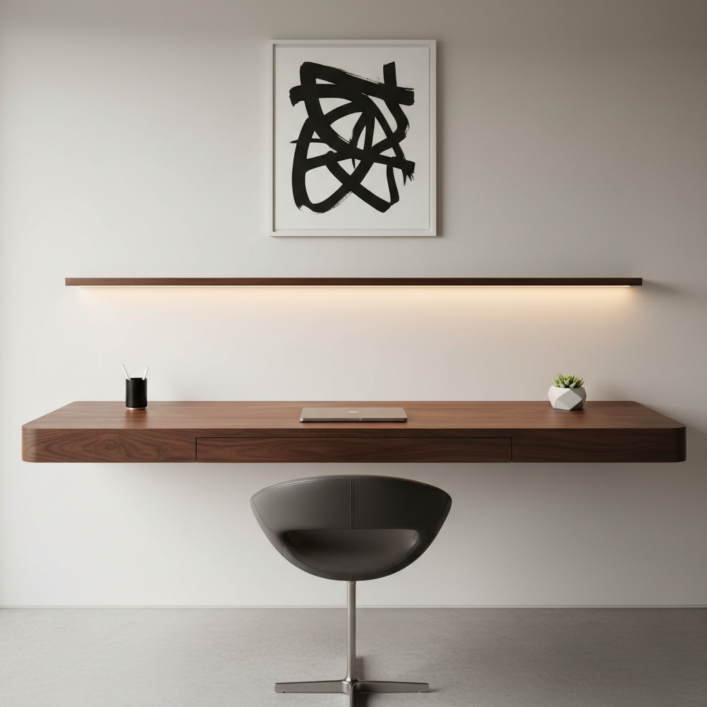 A pristine, minimalist workspace interior showcasing a custom-built floating walnut desk with a velvety matte finish, paired with a sculpted leather stool in deep charcoal tones. The desk is positioned against a matte off-white wall accented by a single abstract black-and-white artwork. Subtle integrated LED lighting glows softly above, casting gentle shadows and highlighting the desk’s refined textures. The mood is focused and refined, blending professionalism with understated luxury. Shot from a slightly elevated angle using centered composition, the clear, crisp details reinforce a photographic, modern minimalist aesthetic ideal for the site’s commercial services section.