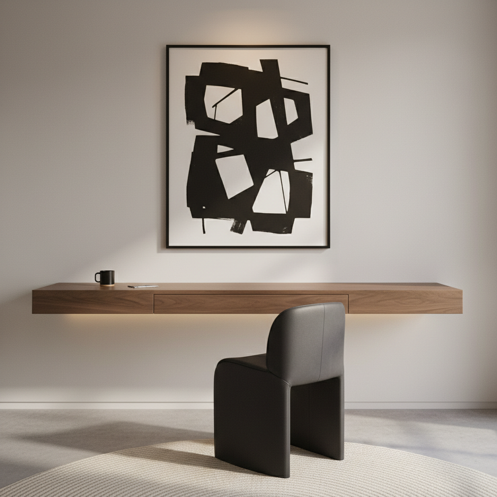 A pristine, minimalist workspace interior showcasing a custom-built floating walnut desk with a velvety matte finish, paired with a sculpted leather stool in deep charcoal tones. The desk is positioned against a matte off-white wall accented by a single abstract black-and-white artwork. Subtle integrated LED lighting glows softly above, casting gentle shadows and highlighting the desk’s refined textures. The mood is focused and refined, blending professionalism with understated luxury. Shot from a slightly elevated angle using centered composition, the clear, crisp details reinforce a photographic, modern minimalist aesthetic ideal for the site’s commercial services section.