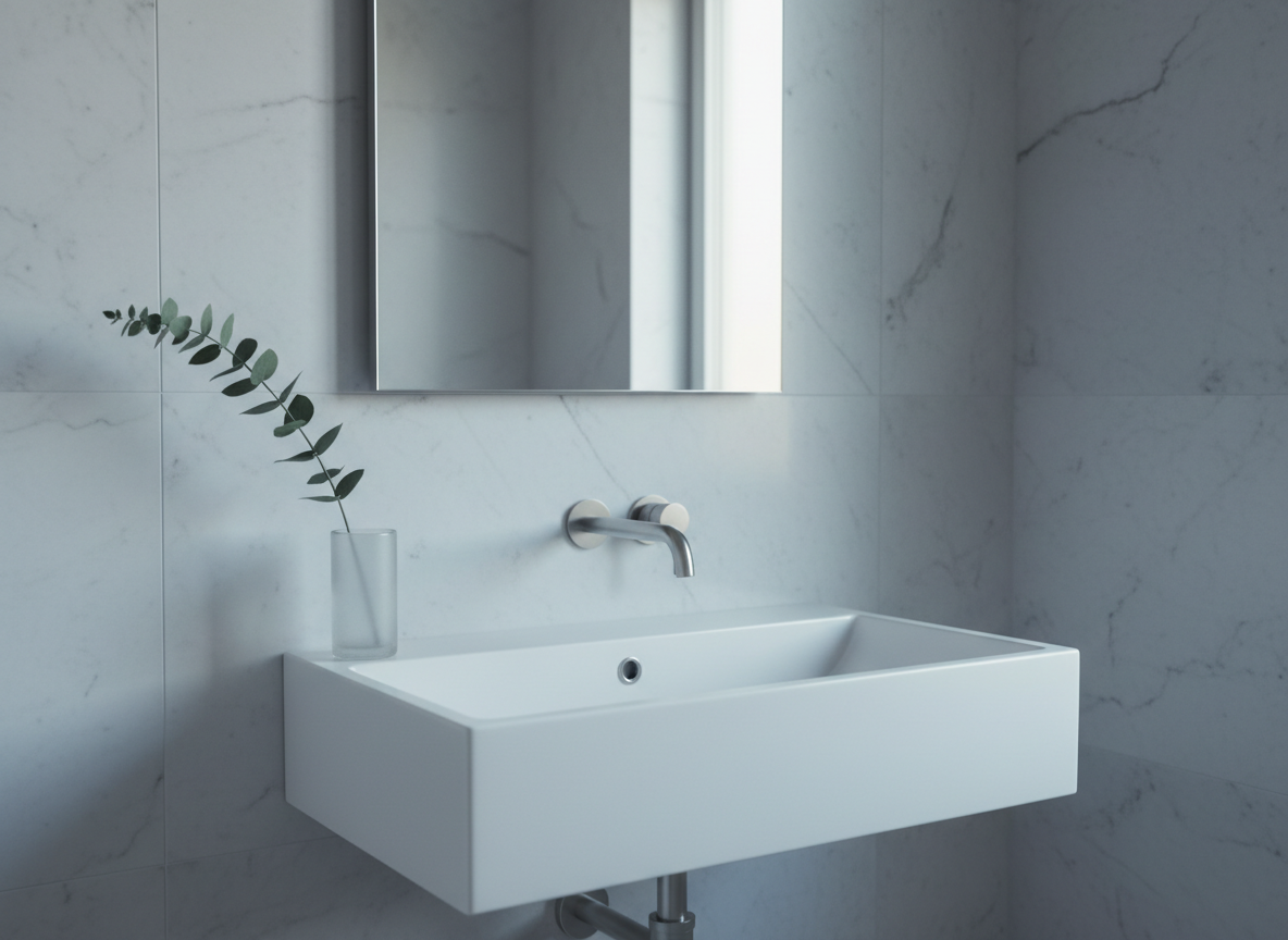 A serene minimalist bathroom vignette presenting a floating ceramic sink in pure matte white with a streamlined brushed steel faucet, mounted against hand-polished, pale gray marble wall tiles. Accentuated by a slender frameless mirror and a single elegant eucalyptus branch in a frosted glass vessel, the sink is bathed in gentle cool morning light filtering through an unseen window, casting soft gradients and faint shadows. The scene conveys quiet luxury and understated functionality. Shot from a slight side angle at eye level, the composition emphasizes clean lines and uncluttered surfaces, with a photographic, subtly elegant style tailored for renovation project highlights.