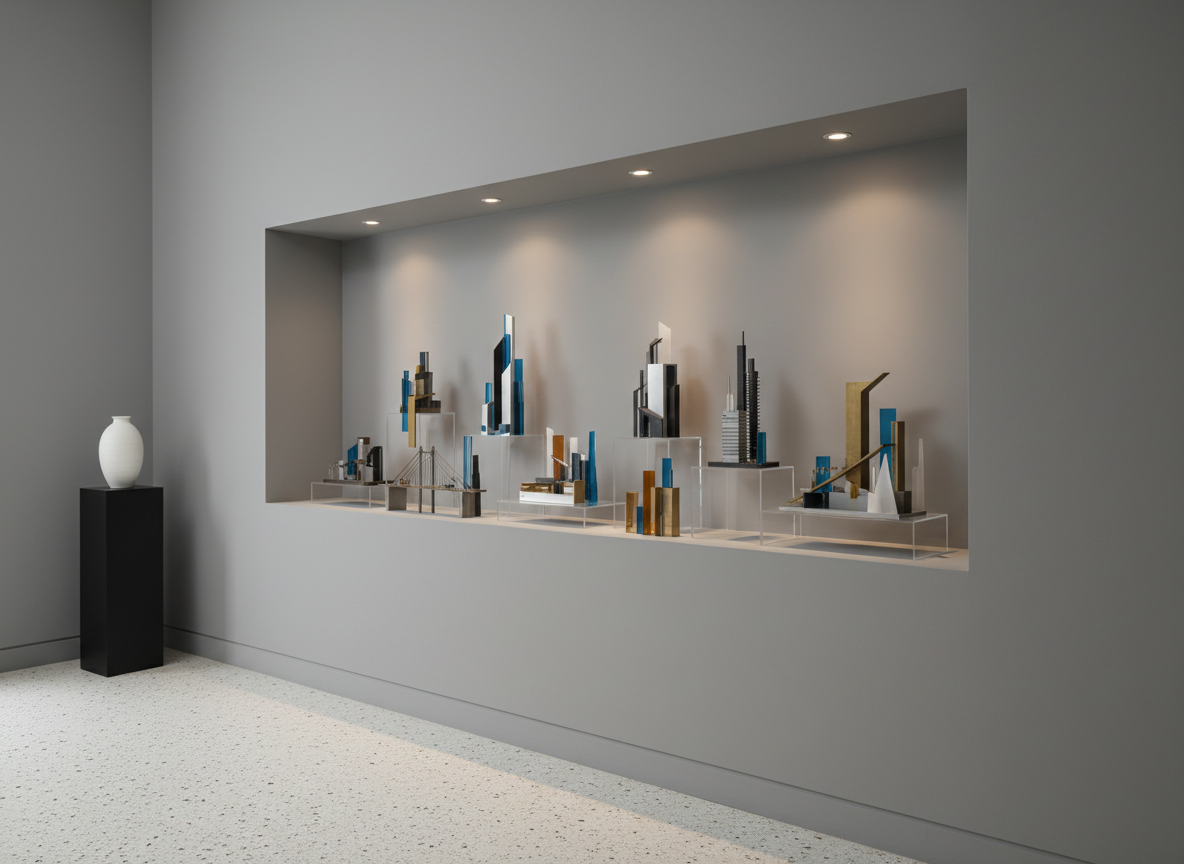 A gallery-style portfolio room featuring an elegant display niche set into a smooth, dove-gray wall, showcasing an array of miniature architectural models crafted from brushed metal and translucent acrylic. The niche is softly illuminated by recessed spotlights that cast precise, subtle shadows to emphasize the models’ sleek contours and meticulous detail. The foreground features a pale, finely textured terrazzo floor, while the background is intentionally uncluttered, exuding a clean, high-end feel. Captured in sharp focus from a three-quarter front angle, the image utilizes asymmetrical balance and a muted palette, perfectly aligned with Deszio Studio’s sophisticated, photographic minimalism, suitable for the portfolio section.